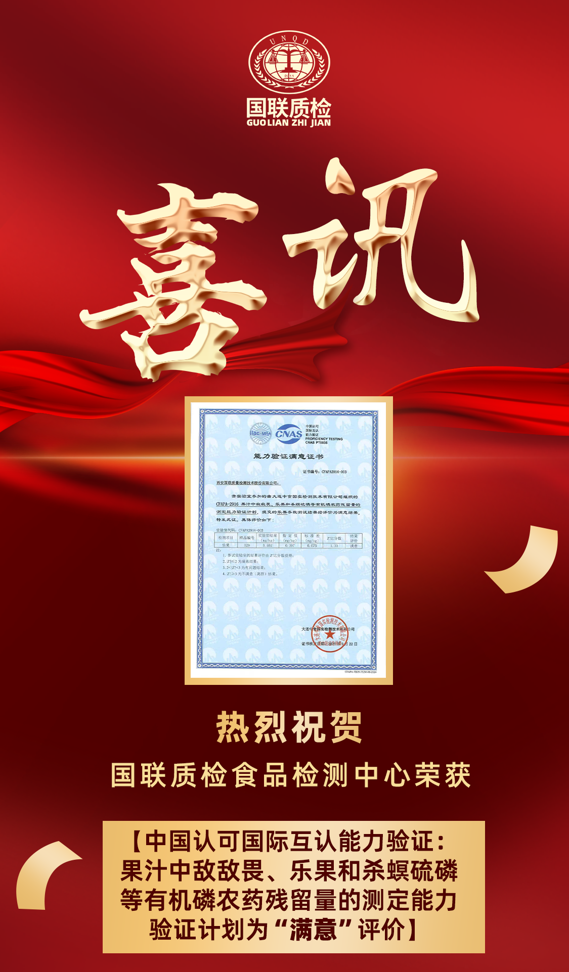 喜报 | 国联质检再获能力验证“满意